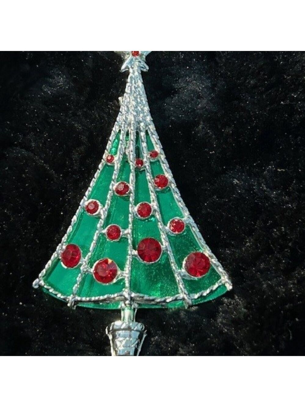 Vintage BJ Silver Tone w/Green Background and Red Rhinestones, Christmas Tree